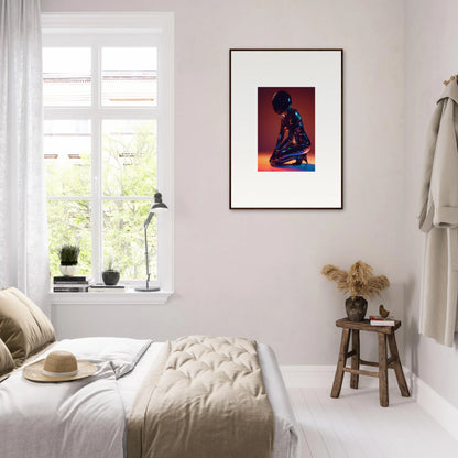 Framed wall art of blue figure on red background for unique Night Oracle room decor