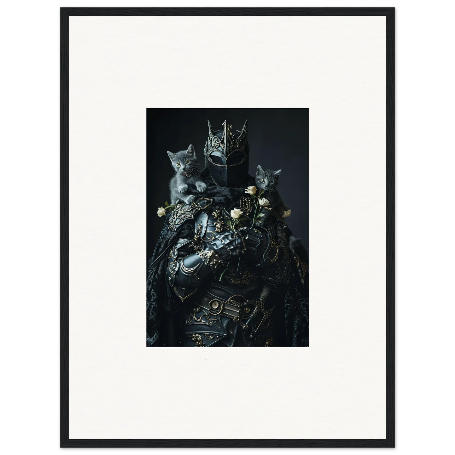 Framed wall art of cats in armor, perfect for unique room decor and canvas prints