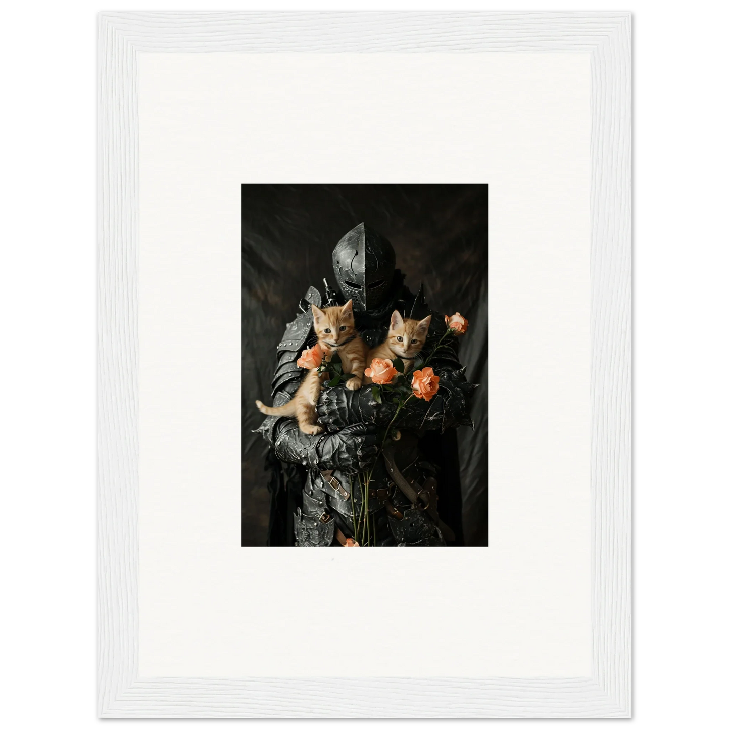 Framed wall art of Feline Serenade with cats and flowers in a dark still life style