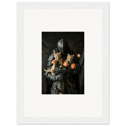 Framed wall art of Feline Serenade with cats and flowers in a dark still life style