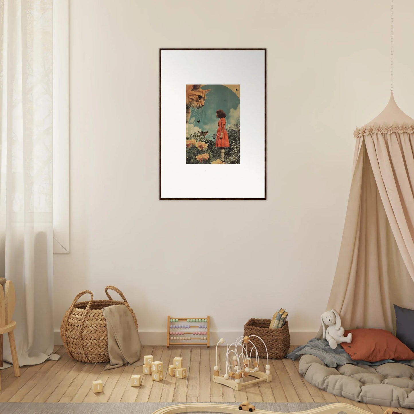 Framed wall art of a child in a red dress amidst flowers and butterflies for room decor