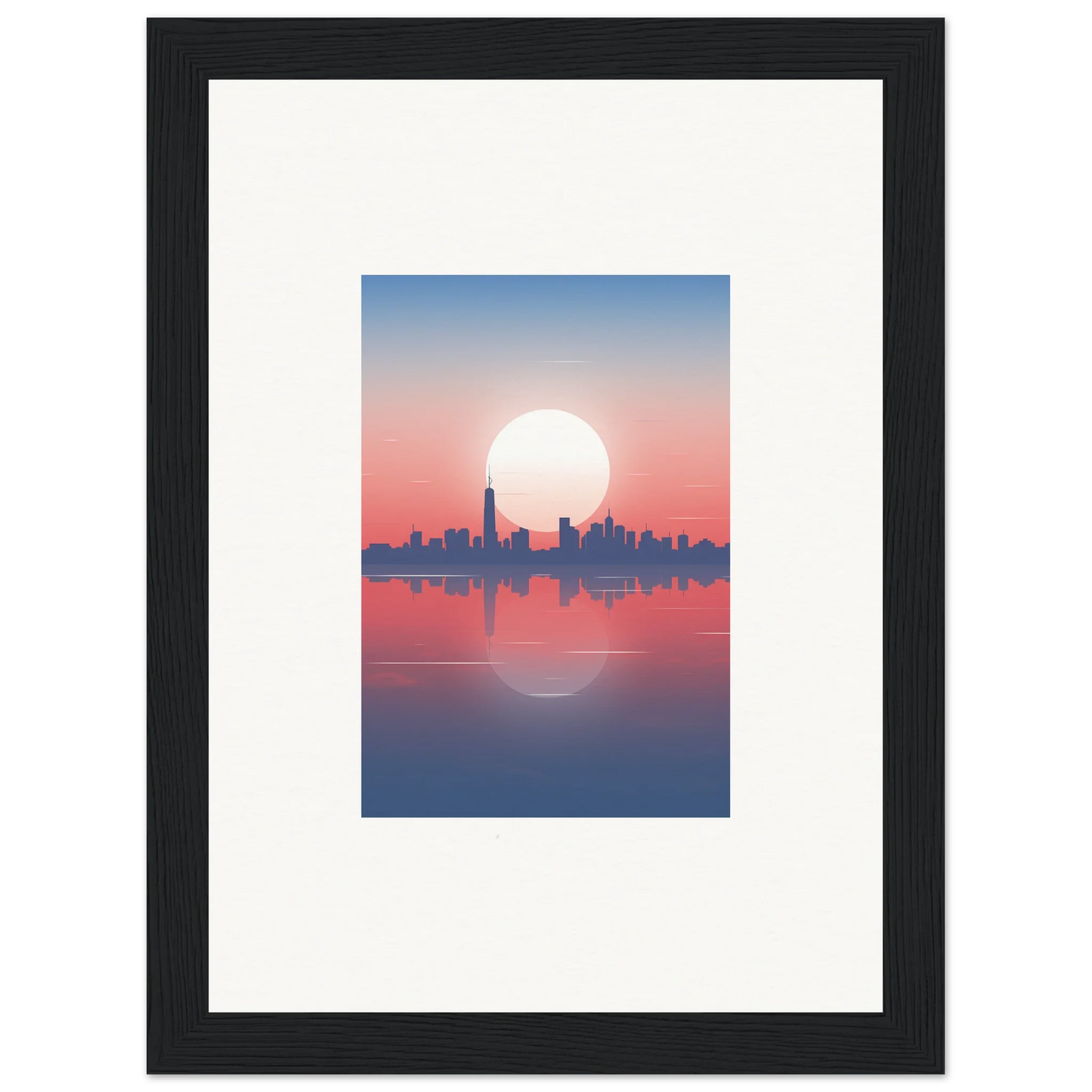 Framed wall art of a city skyline silhouette at sunset, perfect dusk memento room decor