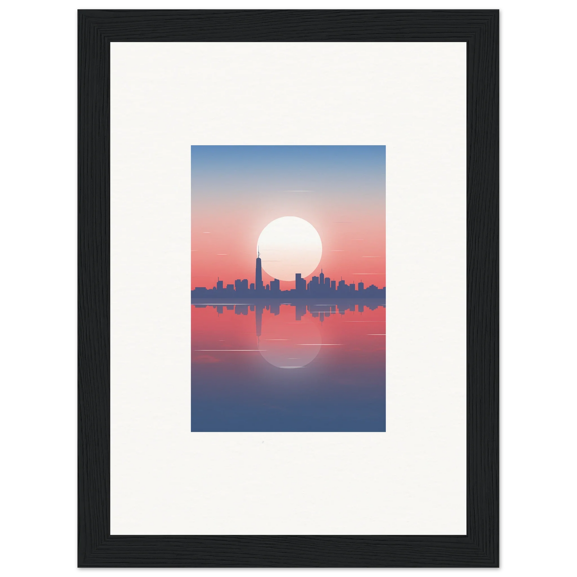 Framed wall art of a city skyline silhouette at sunset, perfect dusk memento room decor