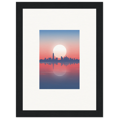 Framed wall art of a city skyline silhouette at sunset, perfect dusk memento room decor