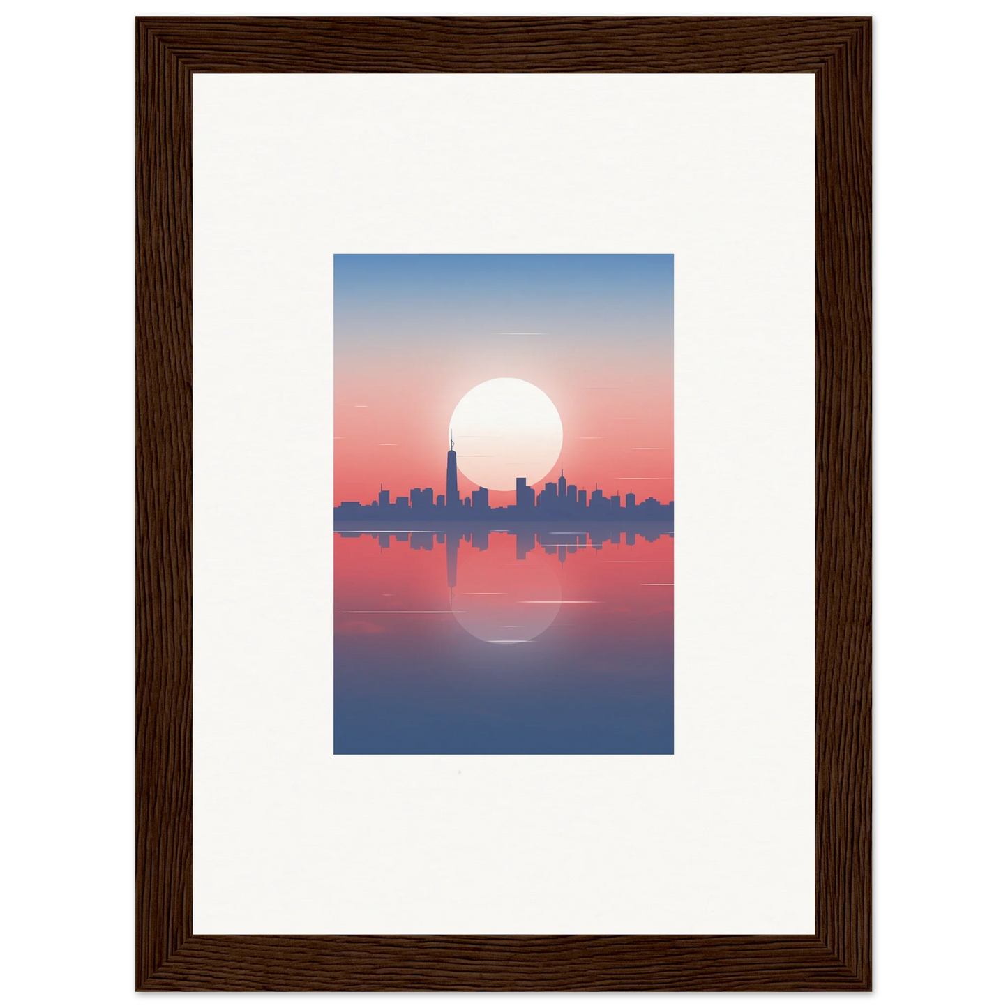 Framed wall art of city skyline silhouette at sunset for elegant room decor