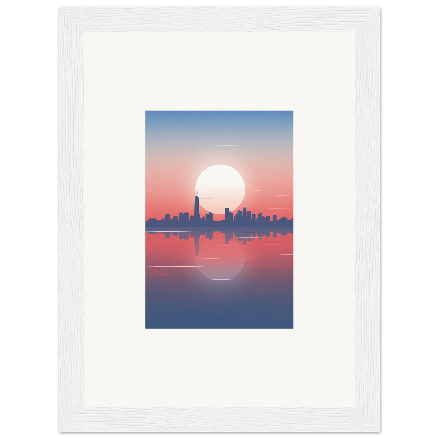 Framed wall art of city skyline silhouette at sunset, perfect for room decor