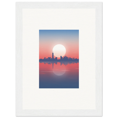 Framed wall art of city skyline silhouette at sunset, perfect for room decor