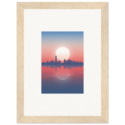 Framed wall art of city skyline silhouette at sunset, perfect dusk memento for room decor