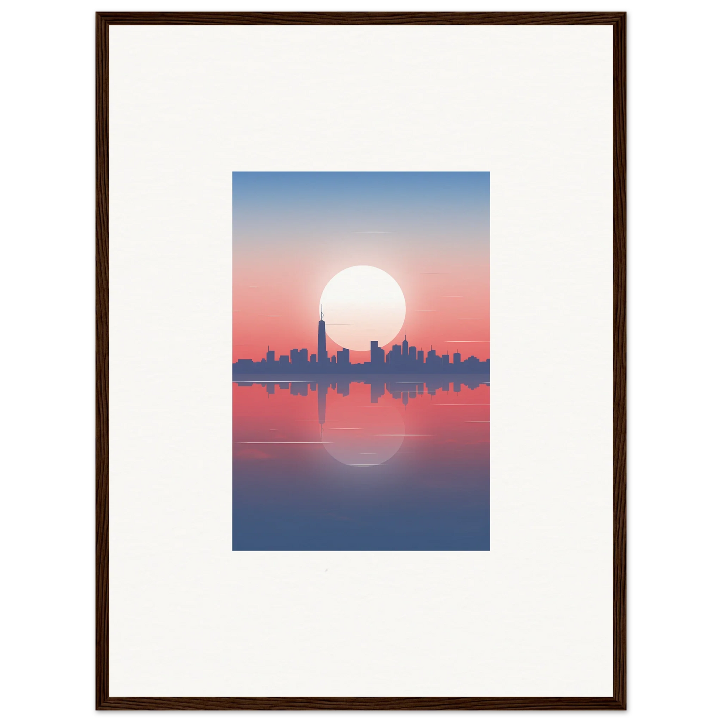 Framed wall art of a city skyline silhouette at sunset, perfect dusk memento for room decor