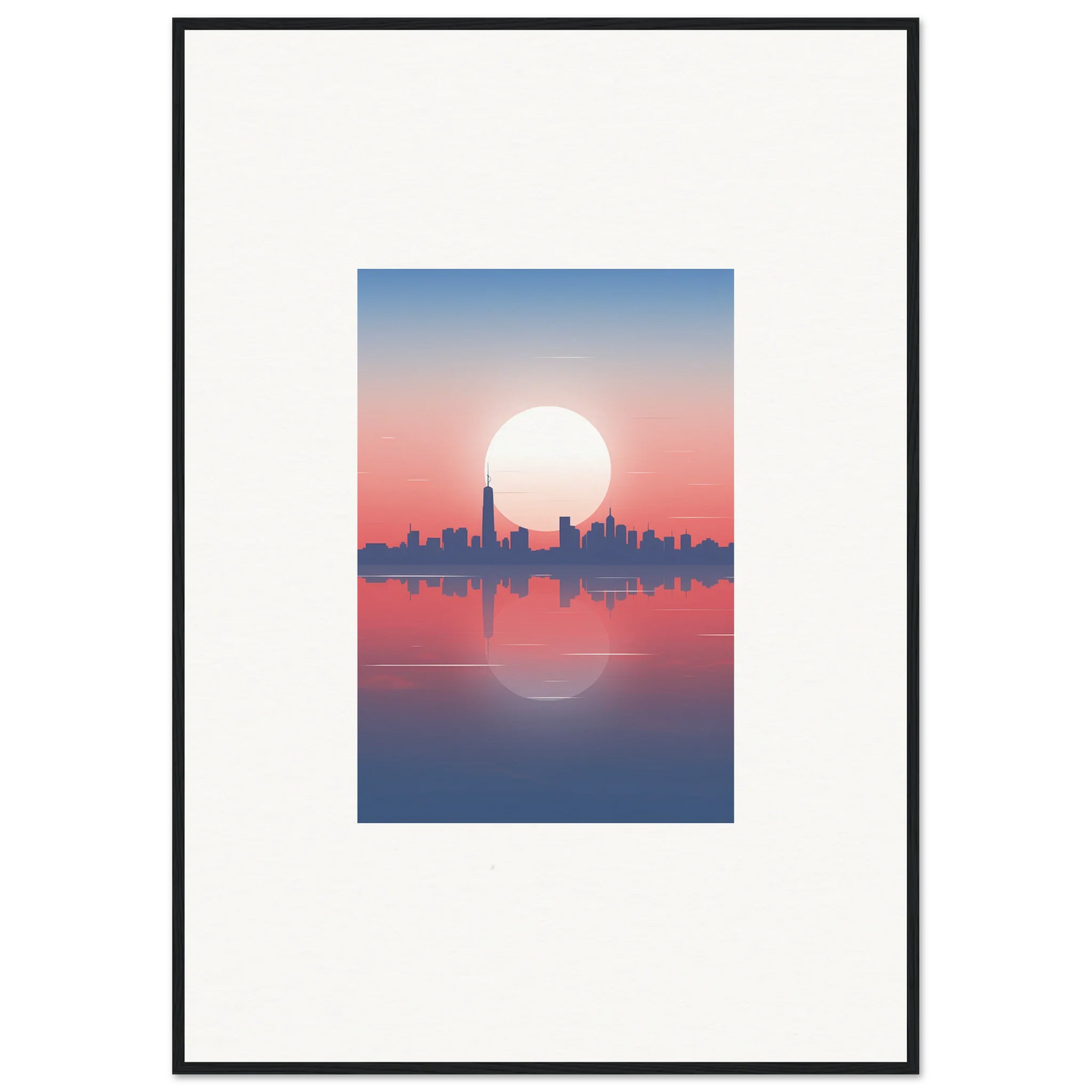 Framed wall art of city skyline silhouette at sunset for elegant room decor