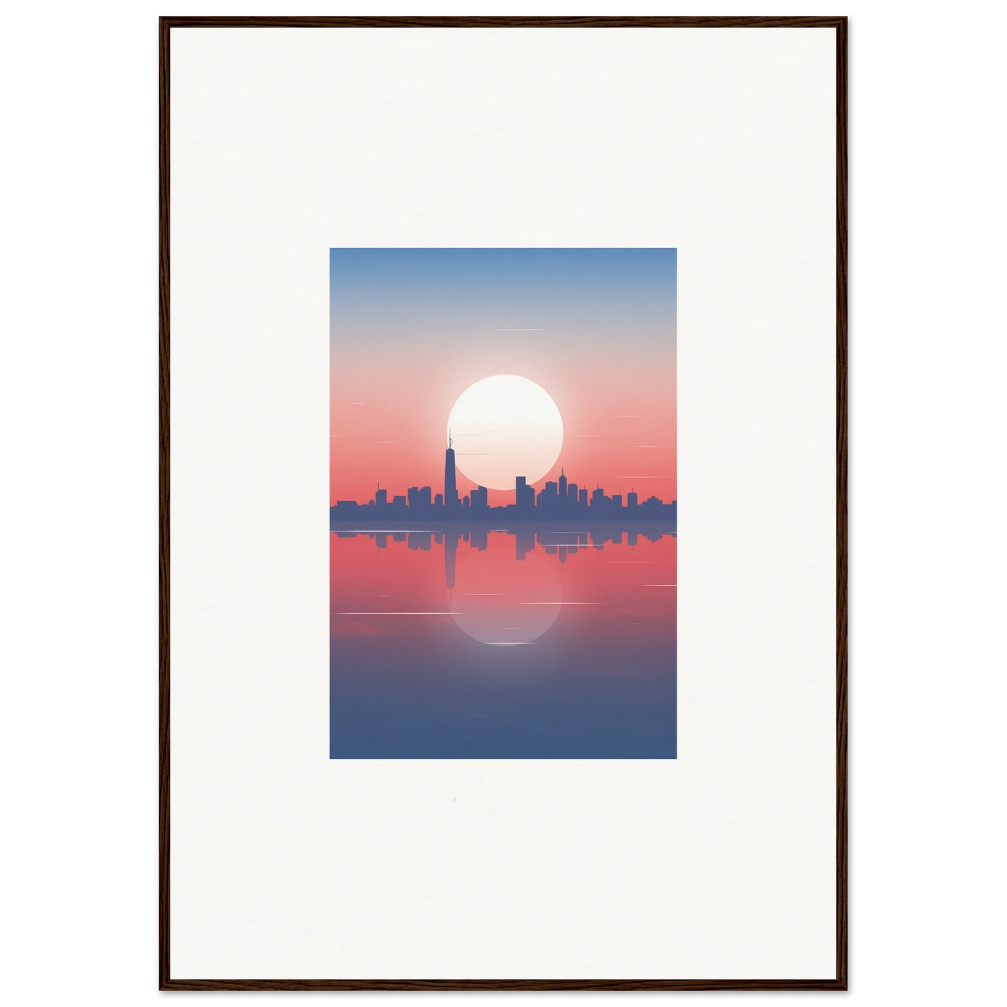 Framed wall art of a city skyline silhouette at sunset, perfect dusk memento room decor