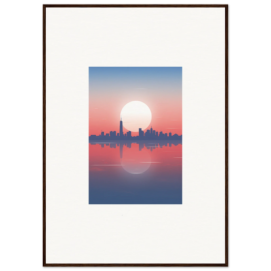 Framed wall art of a city skyline silhouette at sunset, perfect dusk memento room decor