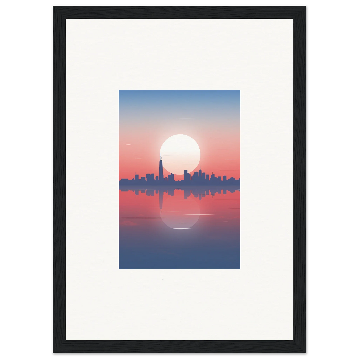 Framed wall art of a city skyline silhouette at sunset for elegant room decor