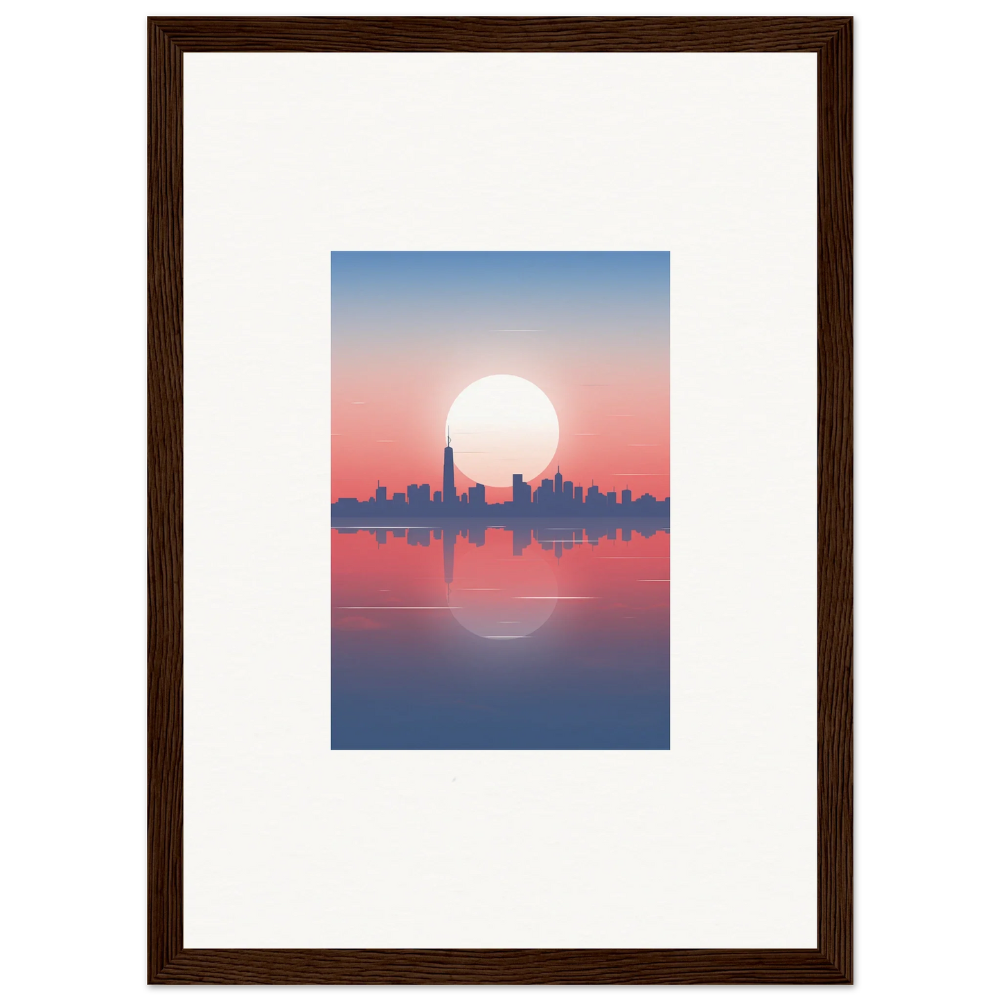 Framed wall art of city skyline silhouette at sunset for elegant room decor