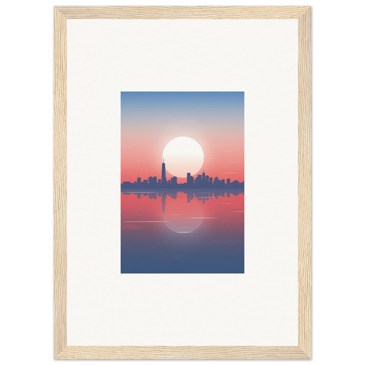 Framed wall art of city skyline silhouette at sunset, perfect dusk memento for room decor