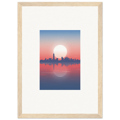 Framed wall art of city skyline silhouette at sunset, perfect dusk memento for room decor