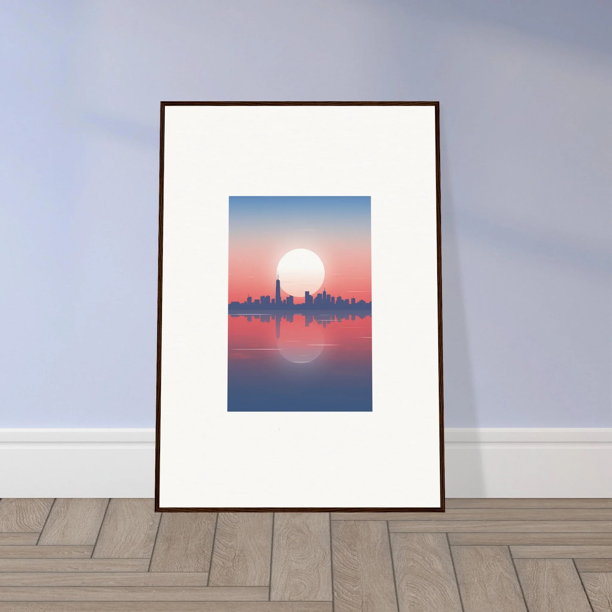 Framed wall art of a city skyline silhouette at sunset for stylish room decor