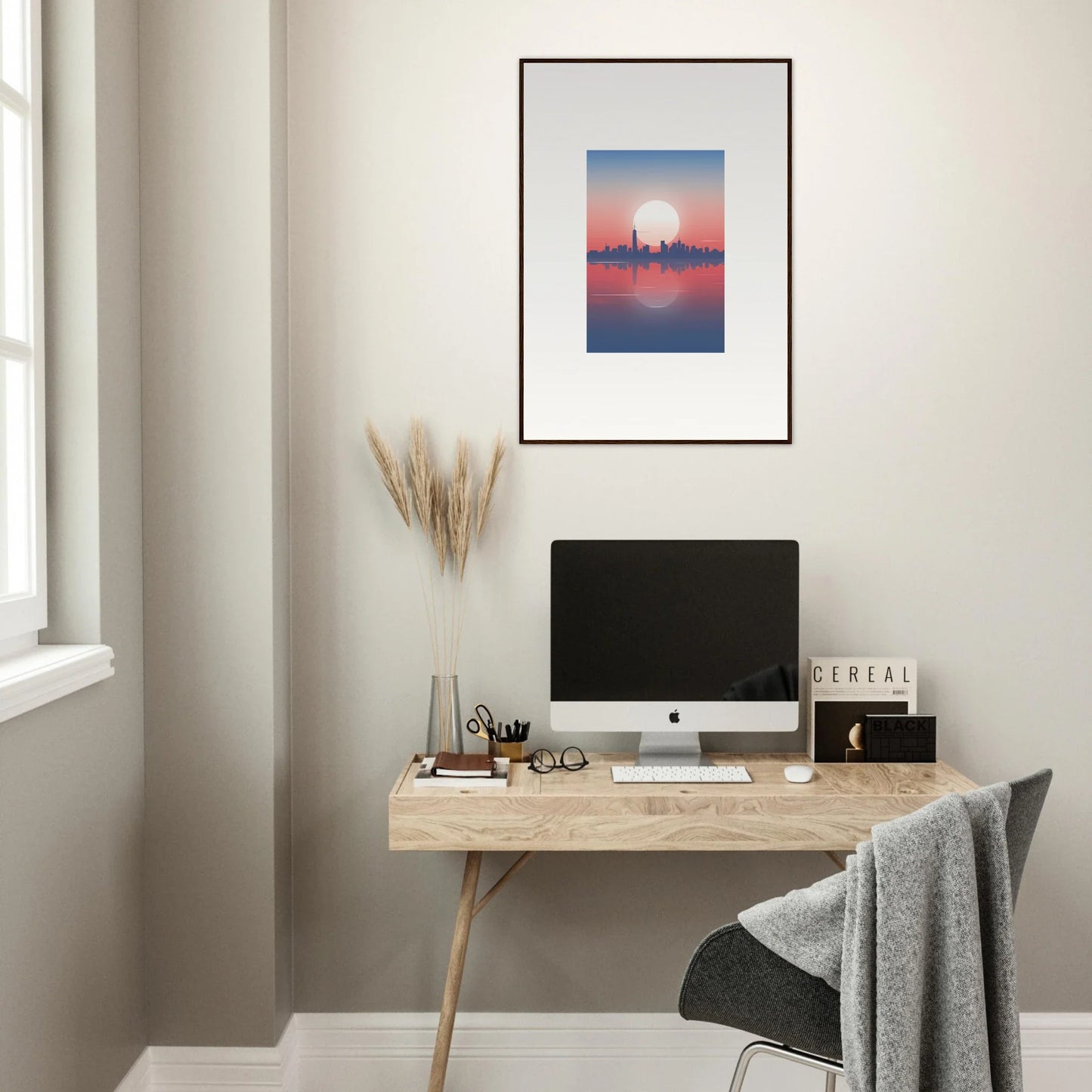 Framed wall art of city skyline silhouette at dusk, perfect for elegant room decor