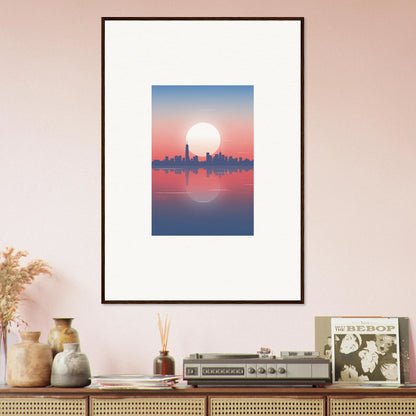 Framed wall art of a city skyline silhouette at dusk, ideal room decor piece