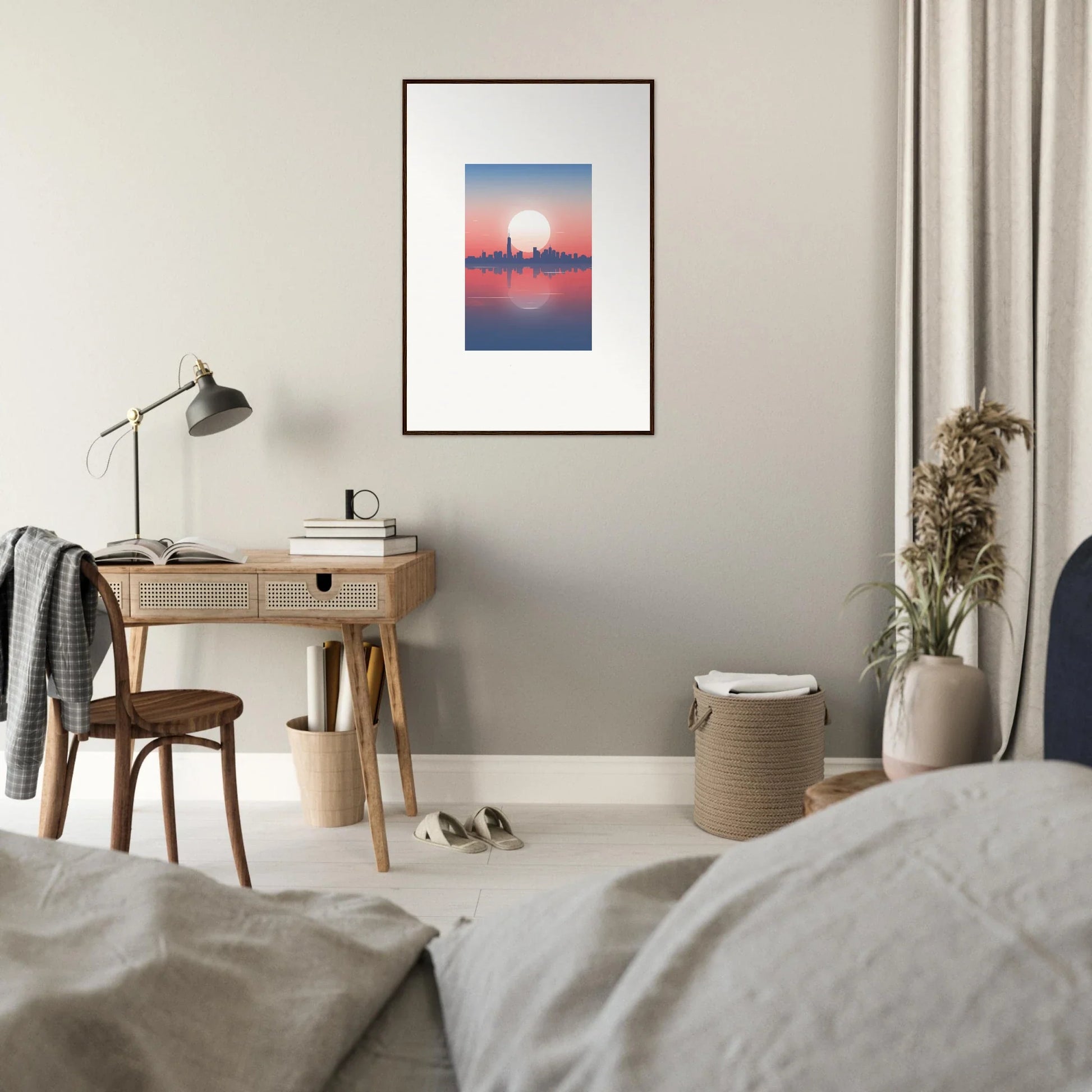 Framed wall art of a city skyline silhouette at dusk memento for stylish room decor