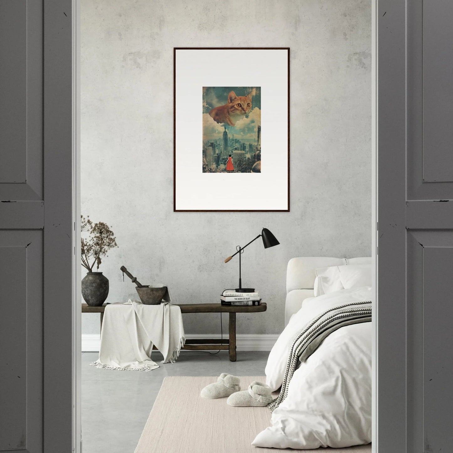 Framed wall art of a cityscape with figures symbolizes cloud ascent for modern room decor