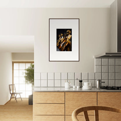 Framed wall art of classical figures in a kitchen, enhancing Amber Crescendo room decor