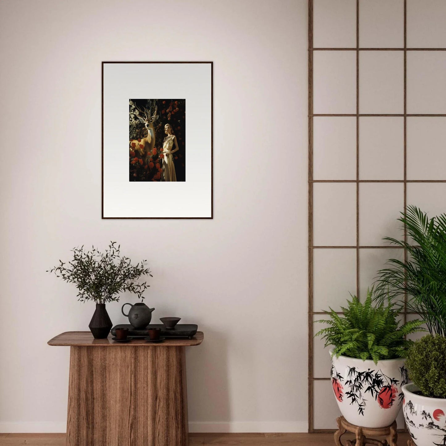 Framed artwork depicting a classical or mythological scene hanging on a wall.