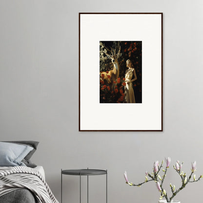 Framed artwork depicting a classical painting with figures and a deer in a forest setting.