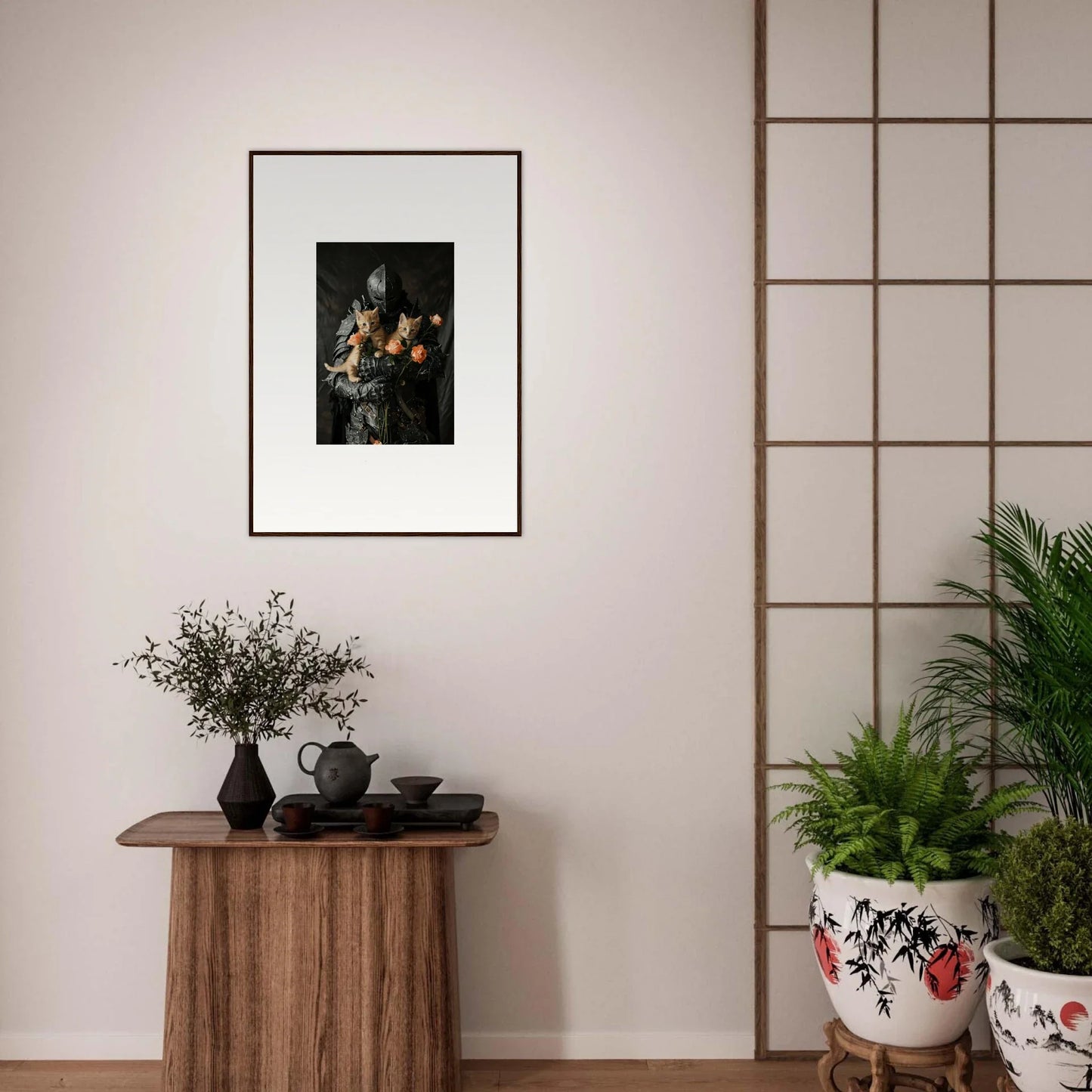 Framed wall art of classical portrait scene for elegant room decor with Feline Serenade theme