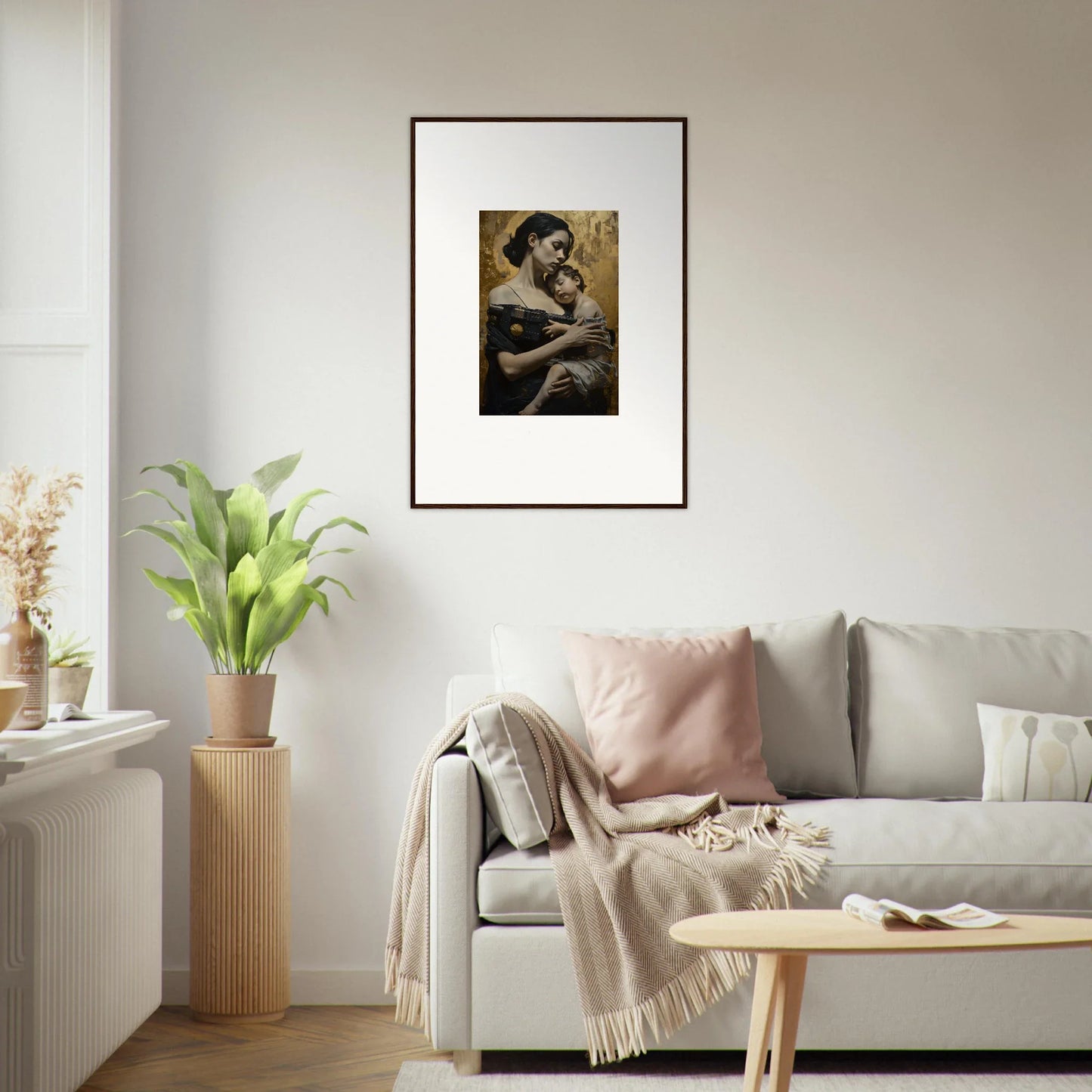 Framed wall art of a close embrace in the Golden Protector Diptych for stylish room decor