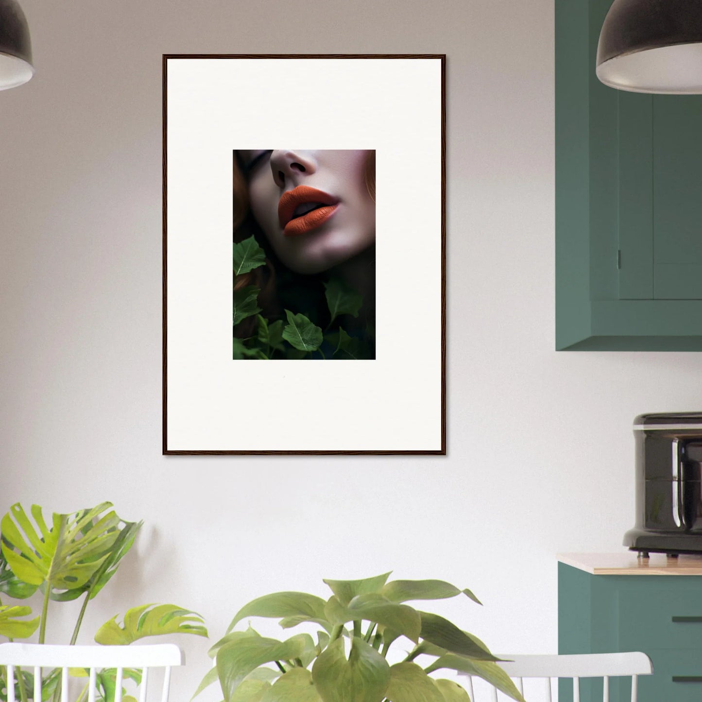 Framed Wall Art of Bright Red Lips in Leaf Symphony for Stunning Room Decor