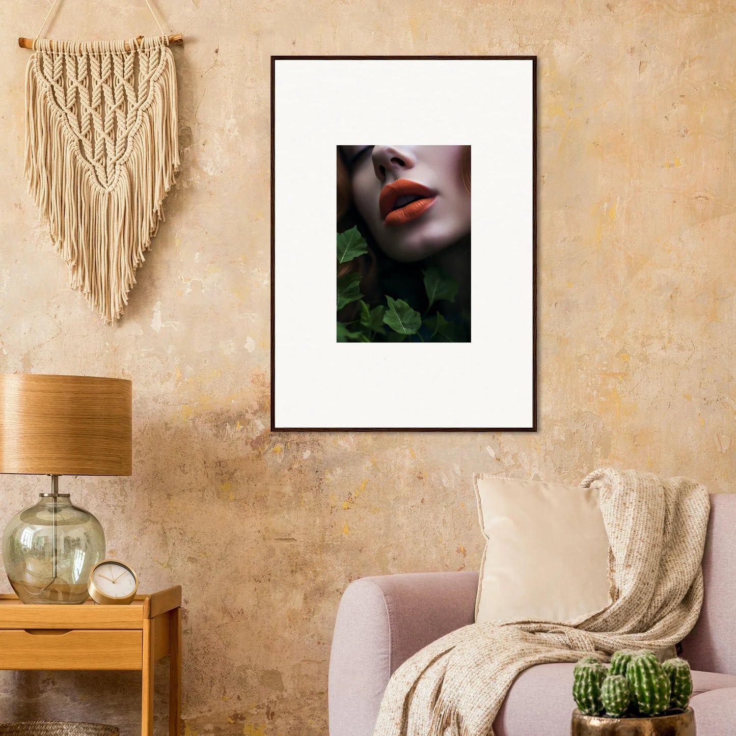 Framed wall art with close-up face and red lips in Leaf Symphony room decor design