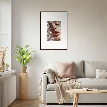 Framed wall art of Whispering Dreamer with close-up face and water droplets for room decor