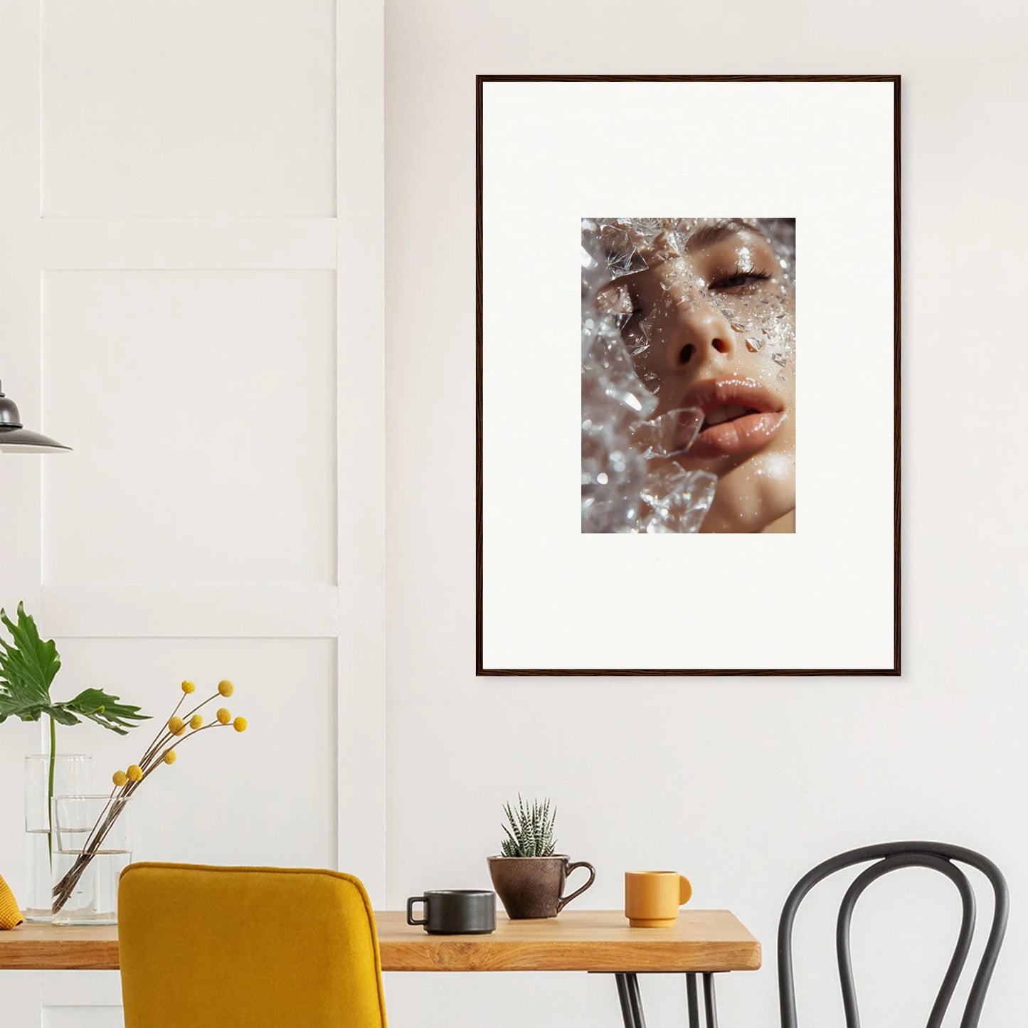 Framed wall art of Whispering Dreamer portrait with water droplets, elegant room decor