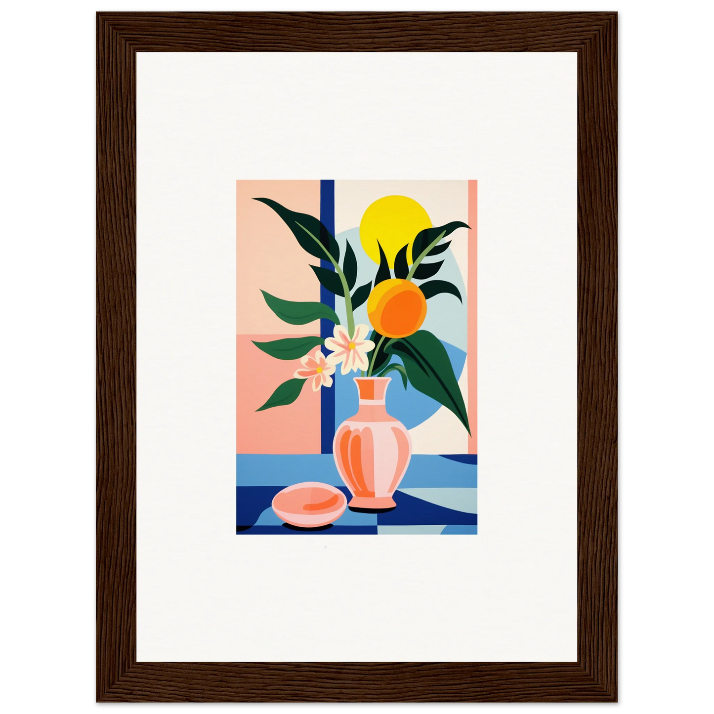 Framed wall art of a colorful still life with flowers and fruit for elegant room decor