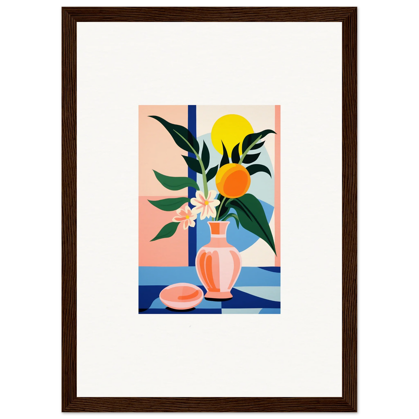 Framed wall art of a colorful still life with flowers and fruit for room decor