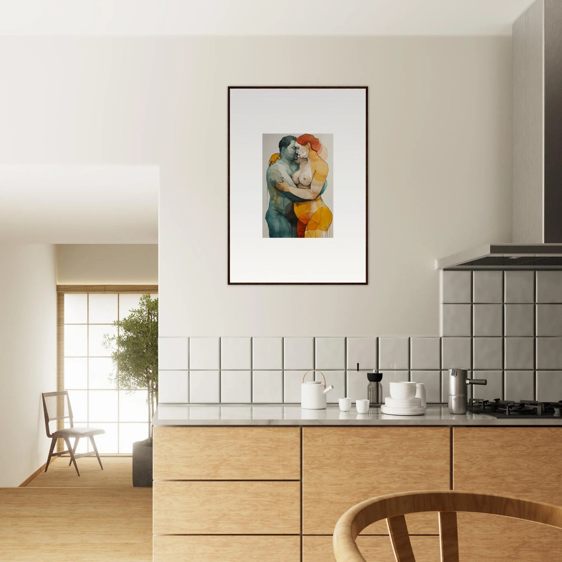 Framed wall art of a colorful abstract couple in Patina Embrace for stylish room decor