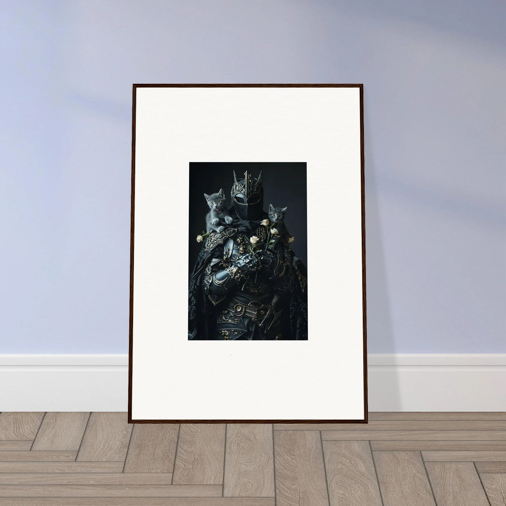 Framed wall art of a dark, intricate scene with multiple figures for unique room decor