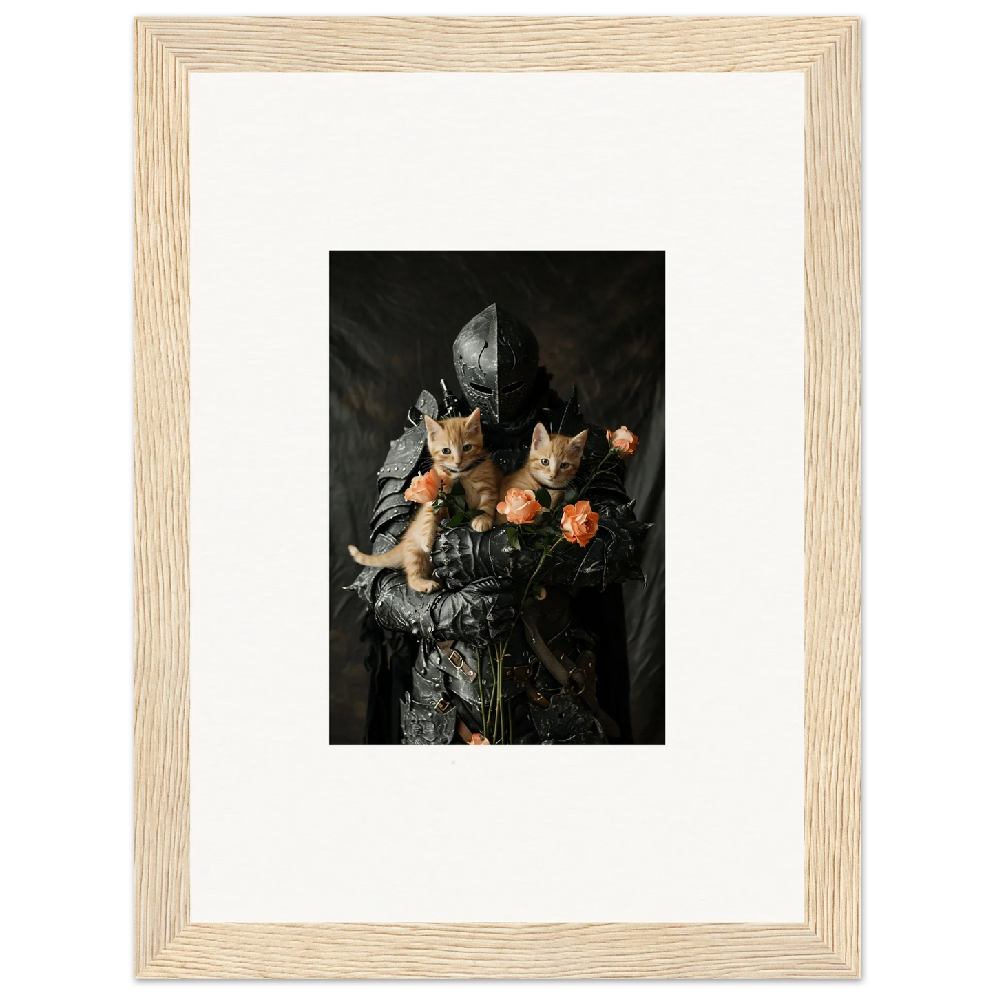 Framed wall art featuring a dark still life of flowers and kittens for elegant room decor