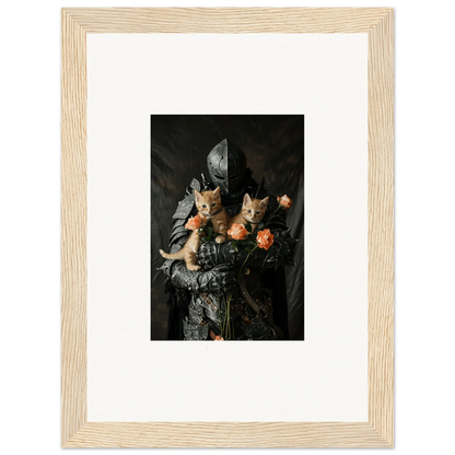 Framed wall art featuring a dark still life of flowers and kittens for elegant room decor