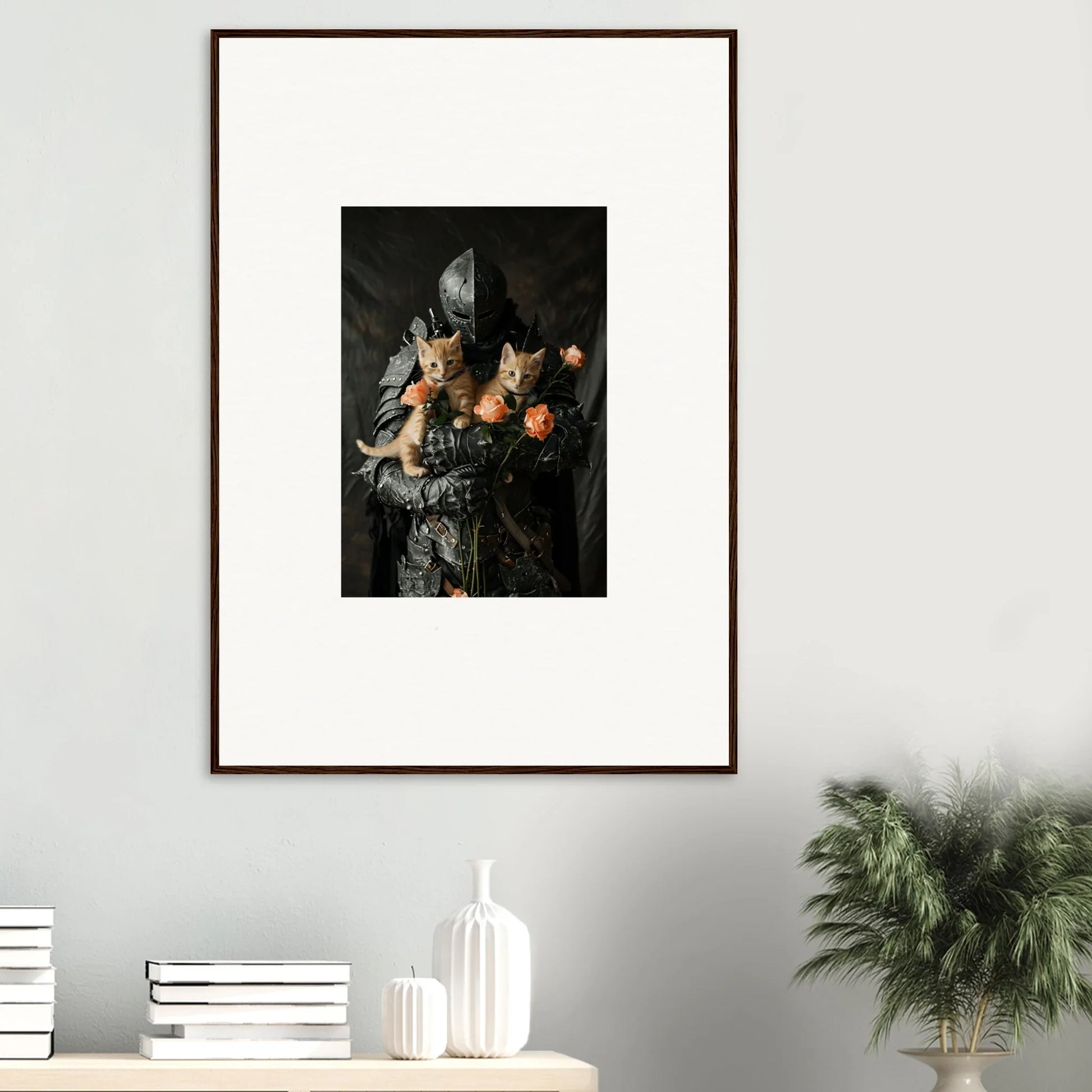 Framed wall art of dark still life with fruits and glass for Feline Serenade room decor