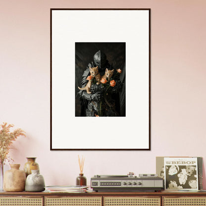 Framed wall art of a dark portrait, perfect for room decor and feline serenade themes