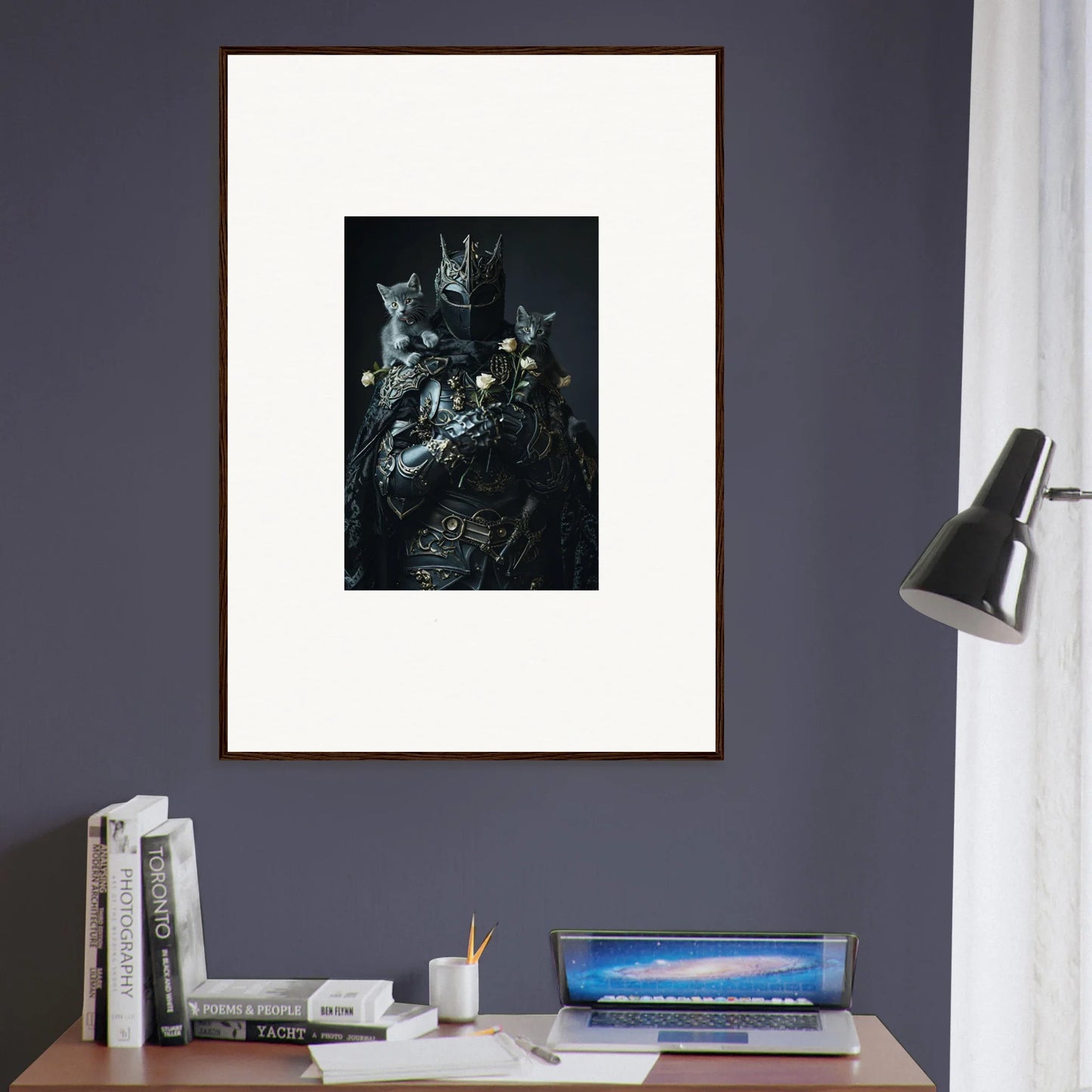 Dark, moody framed wall art with cats and flowers, perfect for room decor