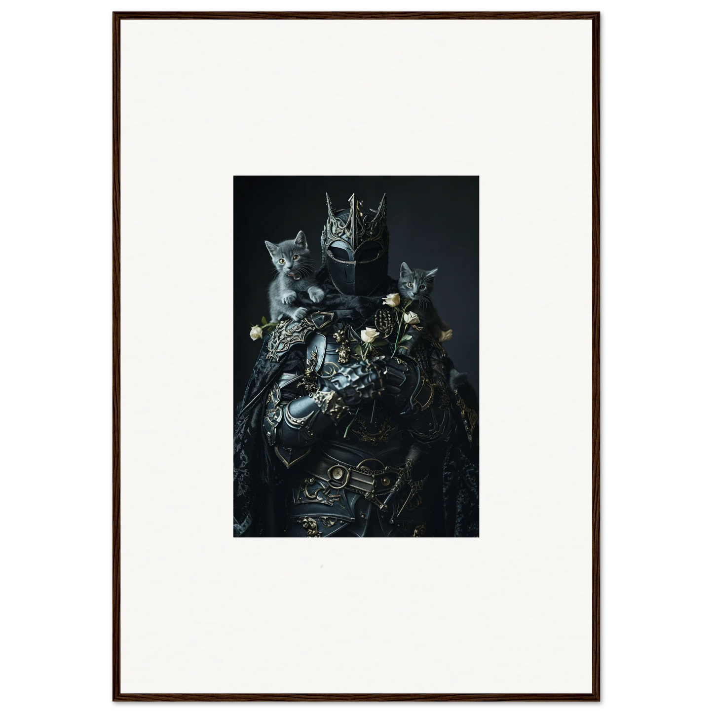 Framed wall art of a dark figure with cats and mechanical elements for unique room decor