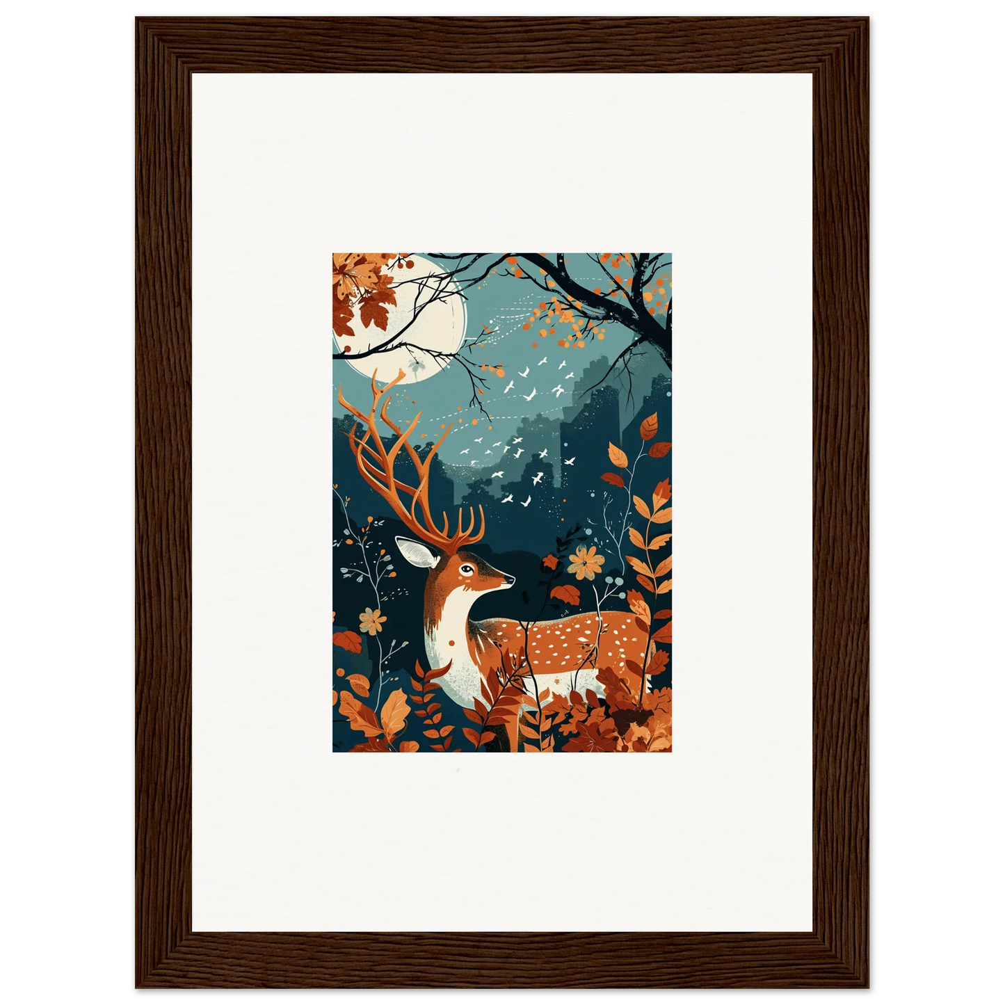 Framed wall art featuring a deer in an autumn forest for Starlight Coalescence room decor