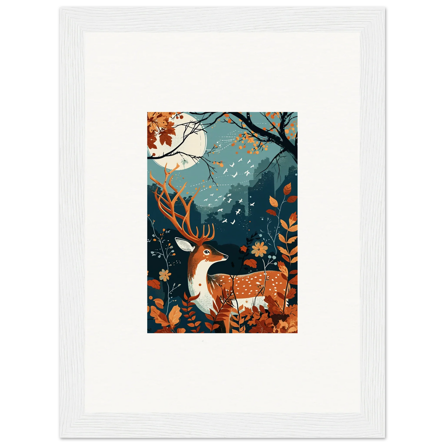 Framed wall art of a deer in an autumn forest for elegant room decor