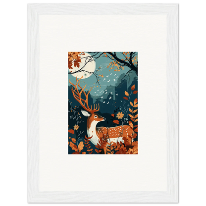 Framed wall art of a deer in an autumn forest for elegant room decor