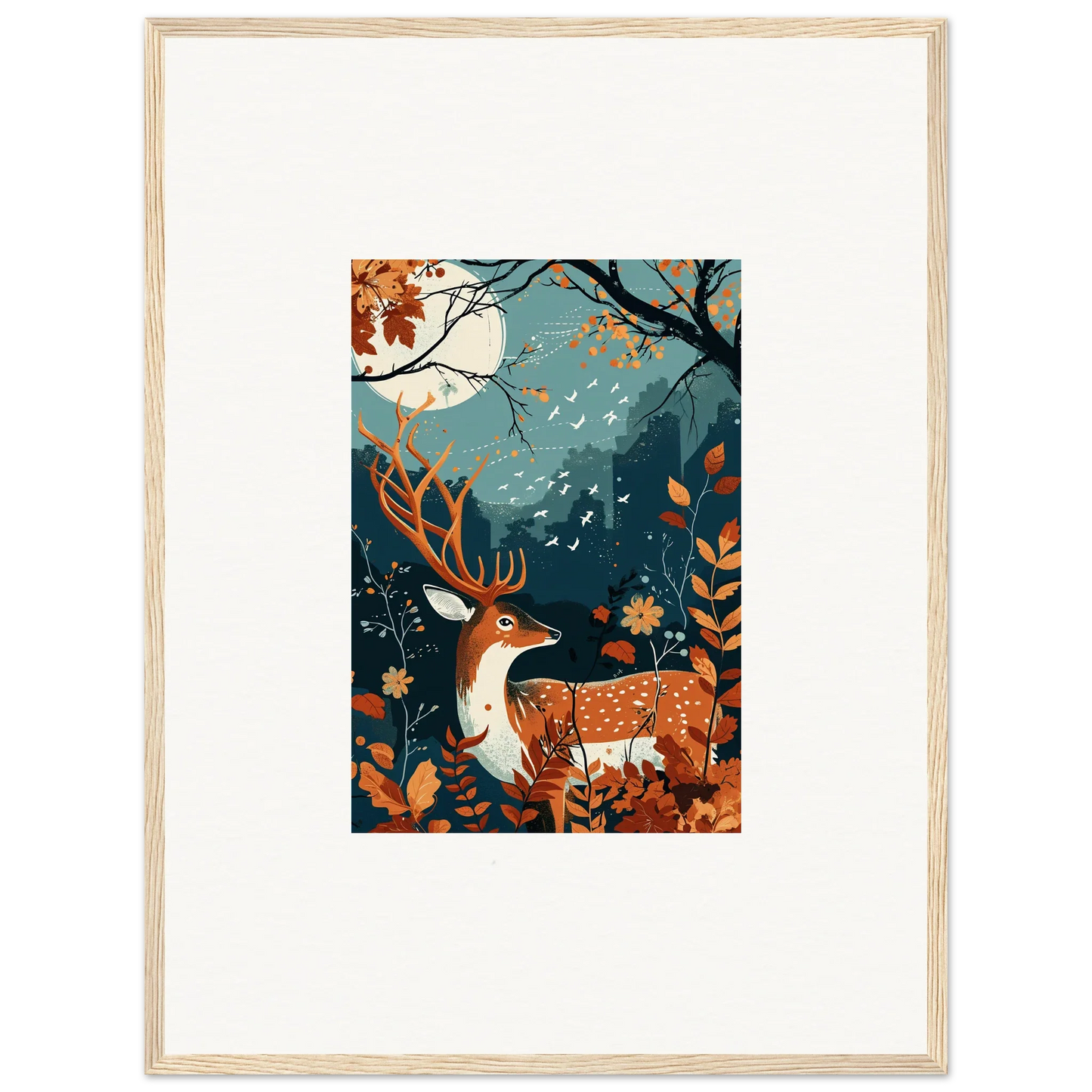 Framed wall art featuring a deer in an autumn forest for starlight coalescence decor