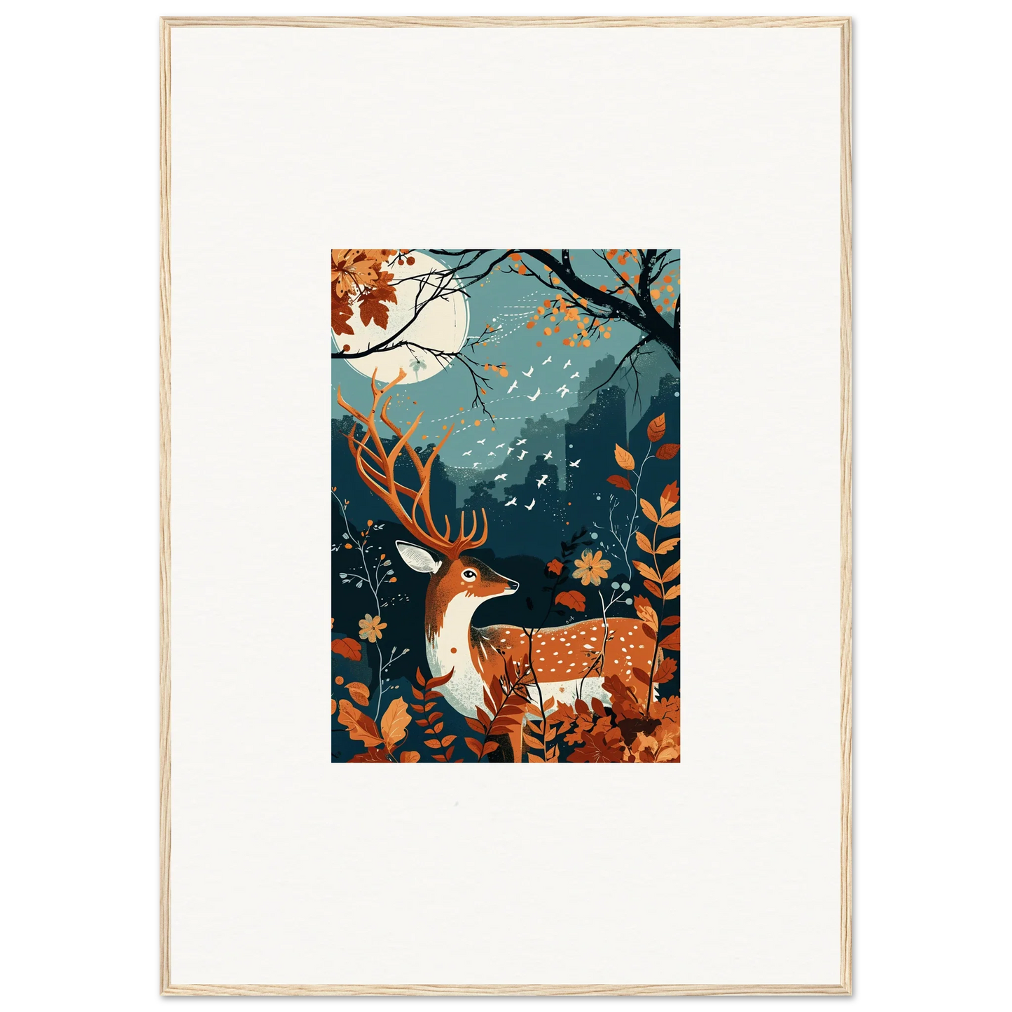 Framed wall art of a deer in a moonlit autumn forest by Starlight Coalescence