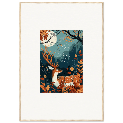 Framed wall art of a deer in a moonlit autumn forest by Starlight Coalescence